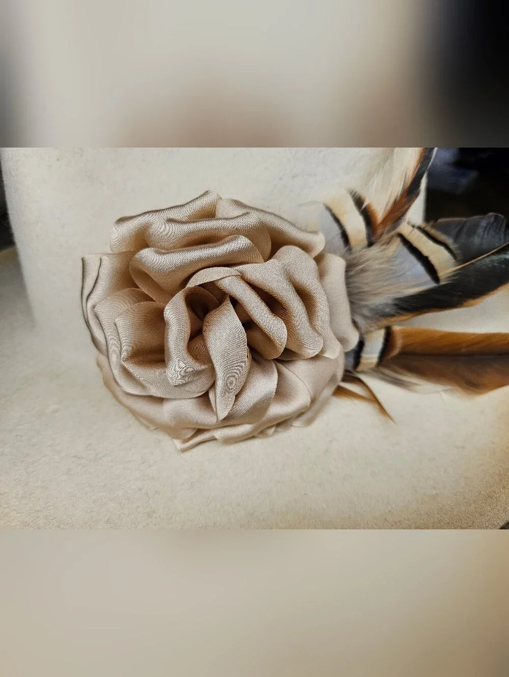 NEW Beige Feather And Flower Hat Pin, Brooch, Hat Fancinator